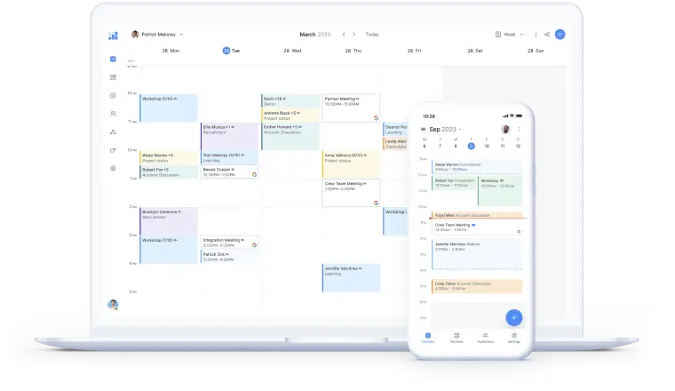 ScheduraPro calendar interface on laptop and mobile - appointment scheduling dashboard