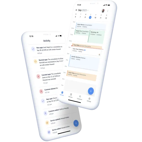 ScheduraPro mobile app interface showing scheduling features and notifications